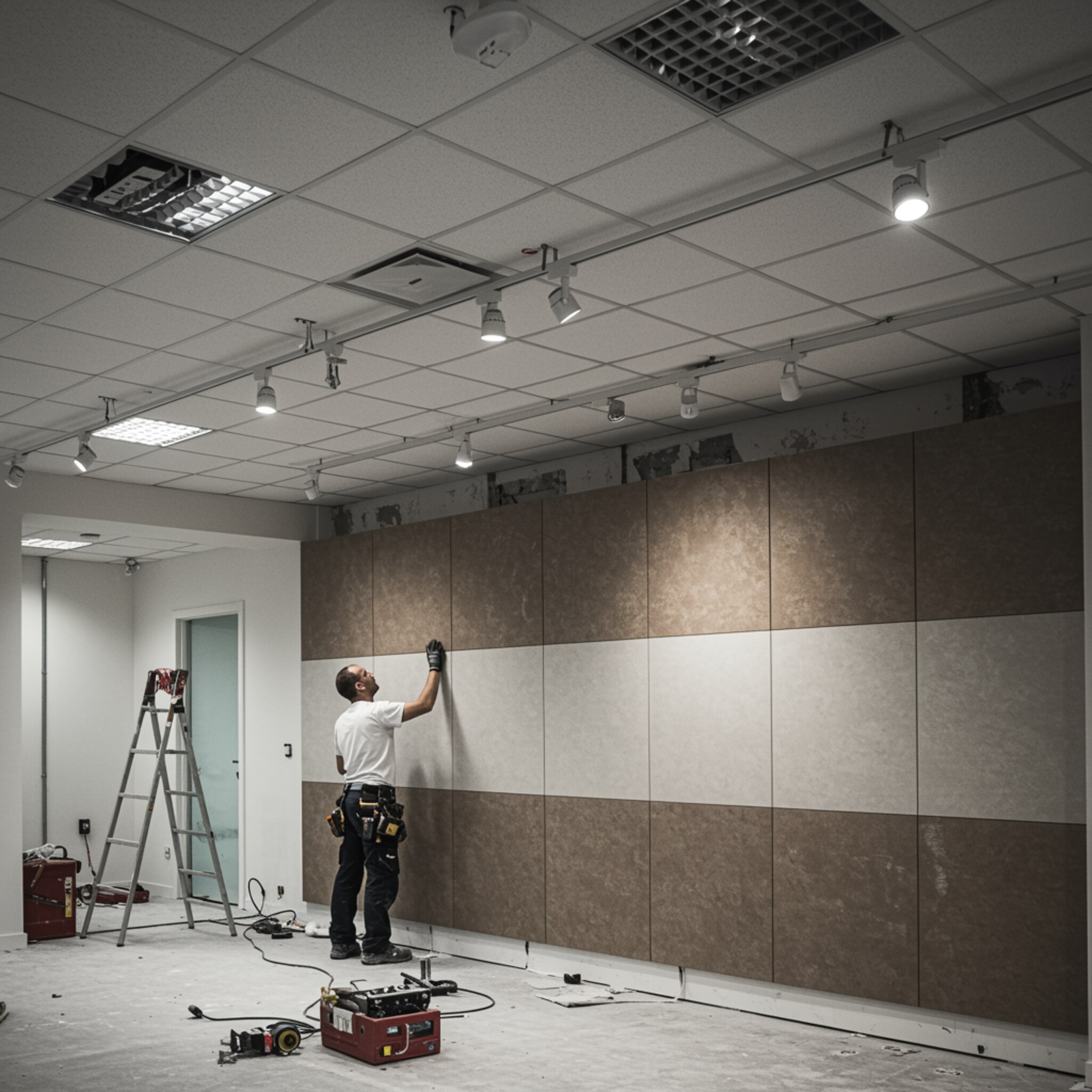 "Interior de oficina contemporánea con paneles de pladur decorativos y techo de yeso suspendido, destacando un trabajador instalando un panel decorativo con ropa de trabajo y equipo de seguridad."