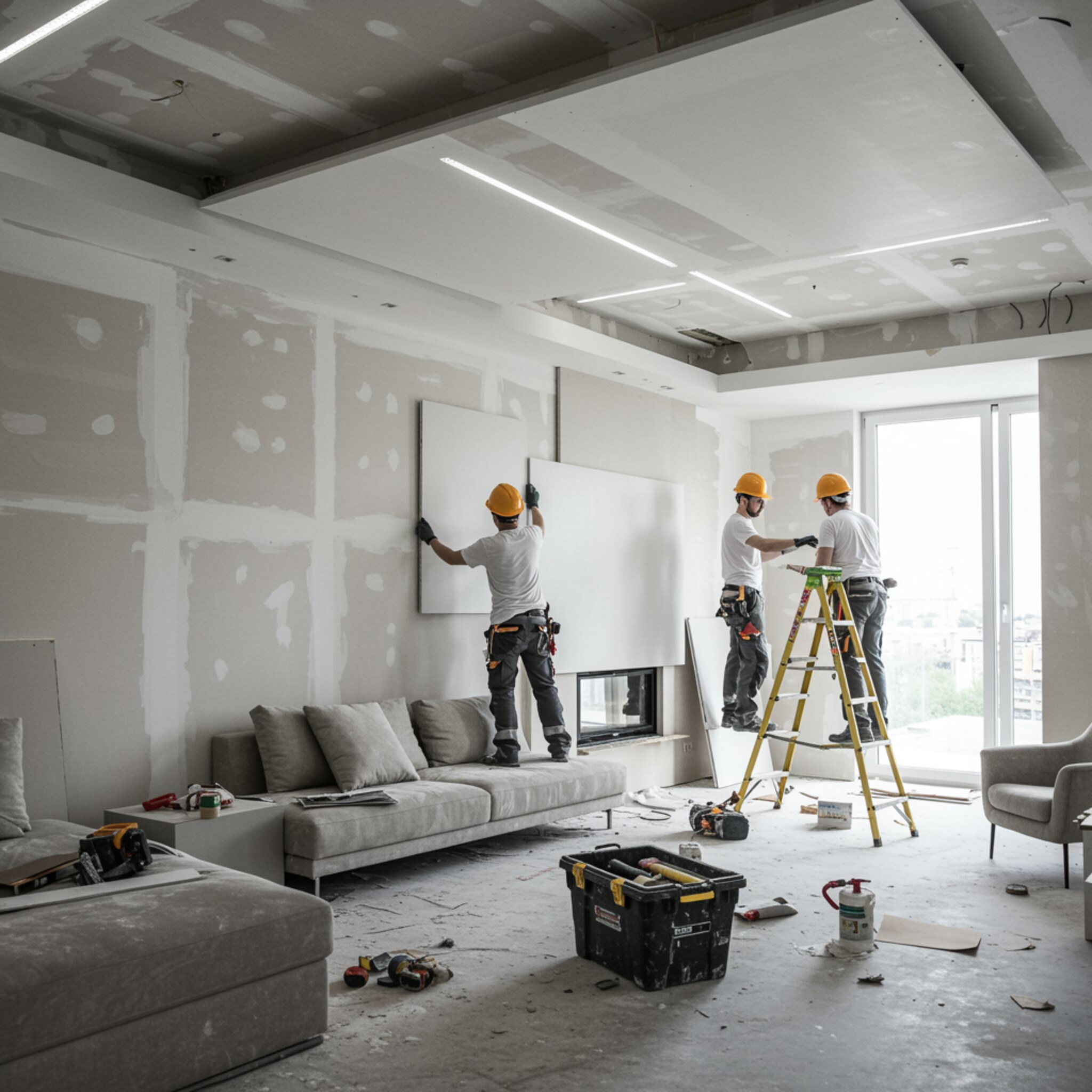 "Renderizado arquitectónico ultra-realista de una sala de estar moderna con trabajo de pladur profesional, mostrando un techo blanco suspendido, paredes lisas y trabajadores instalando paneles de yeso."