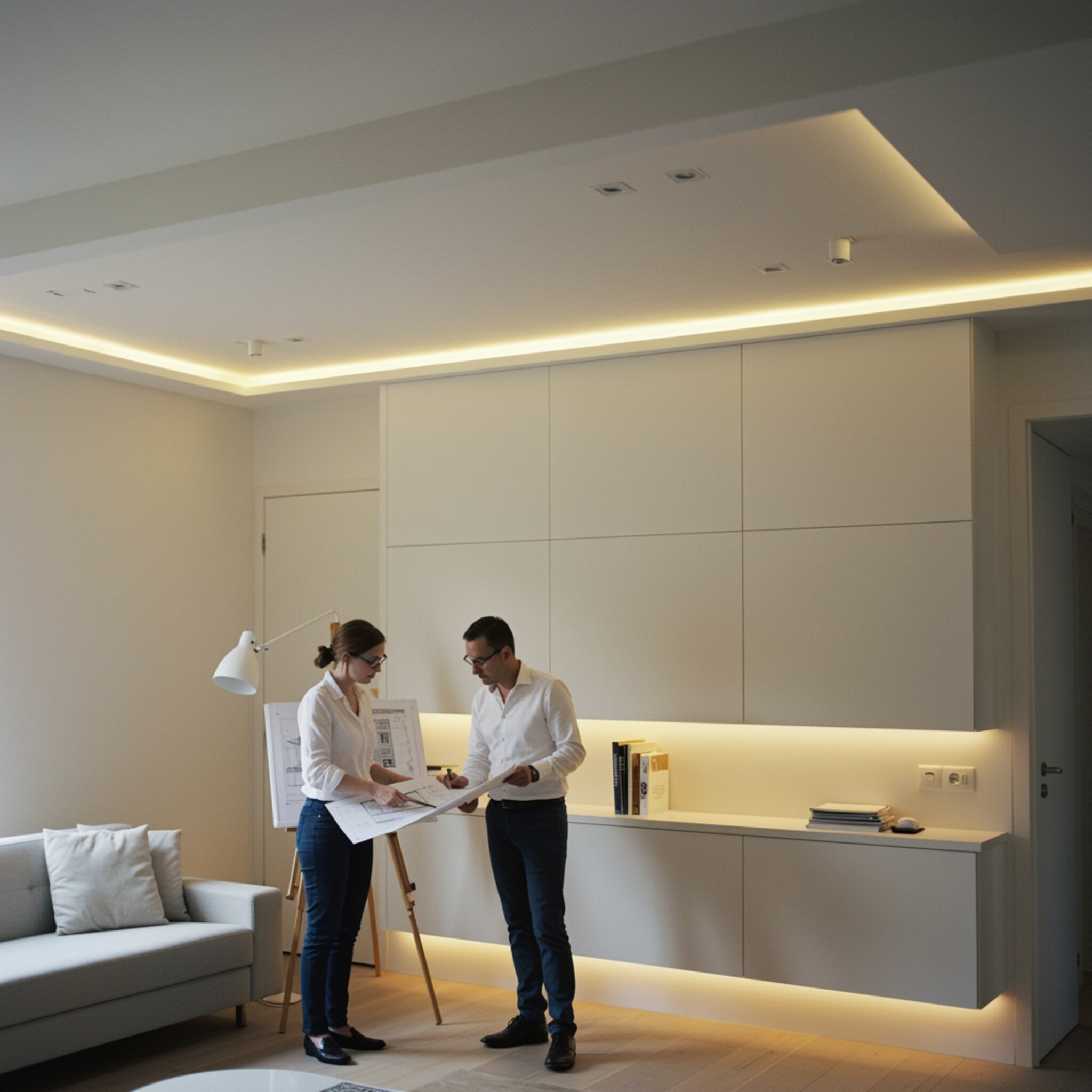 "Salón moderno y elegante con paredes de pladur, estanterías integradas y profesionales revisando planos arquitectónicos en un ambiente acogedor y luminoso."